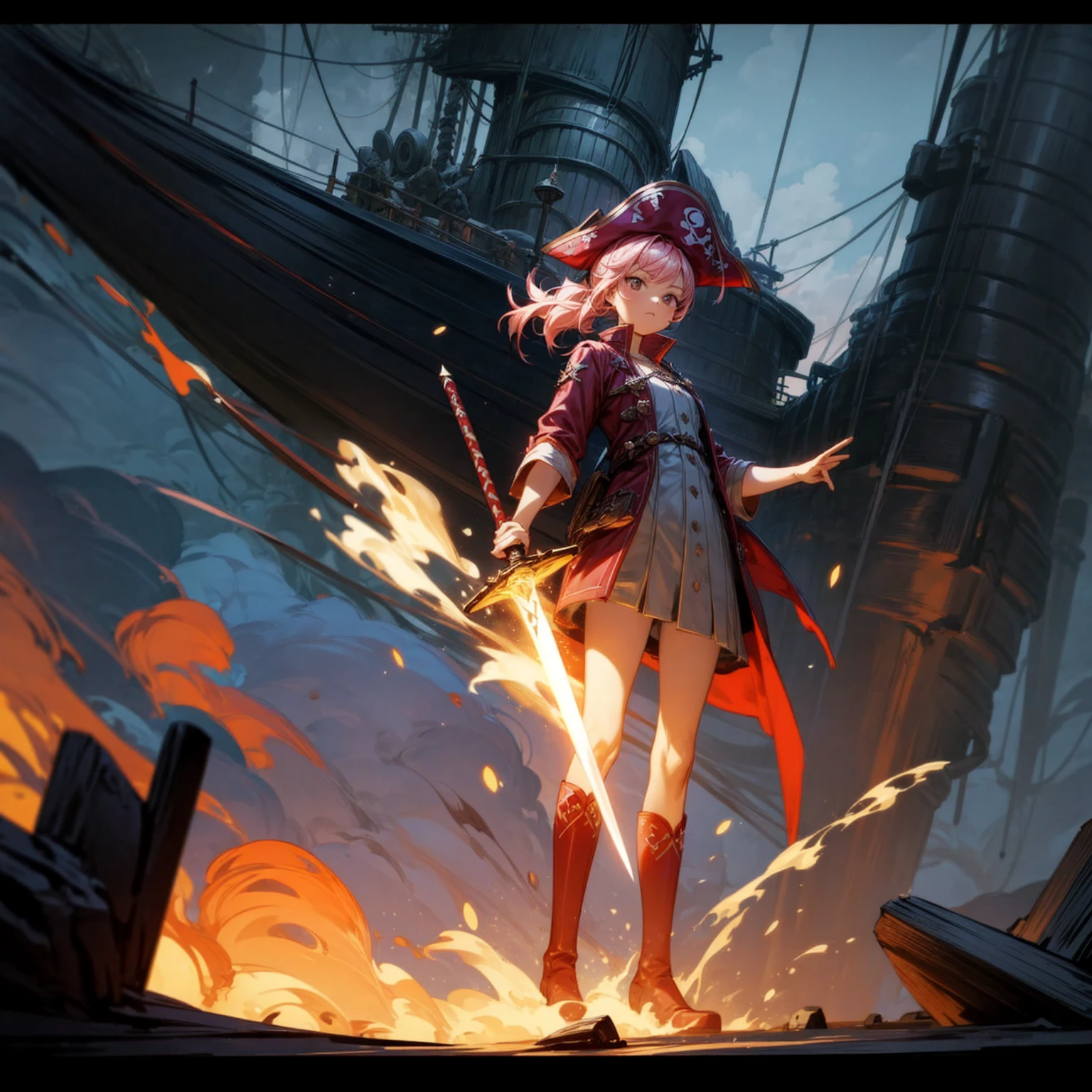 1girl, Full body version, 1character, girl version, black eyes, long Curly haircut, pink colour hair, ancient pirate style clothing, red colour clothing, long boots, Grassroots, background in sea, motion blur, (Hunter x Hunter style), sword Gladius in hang, pirate hat, pirate robe, smoke effect, aura effect, blue lighting, lightning sword, low angle view, fire, with ship pirates, normal gesture 