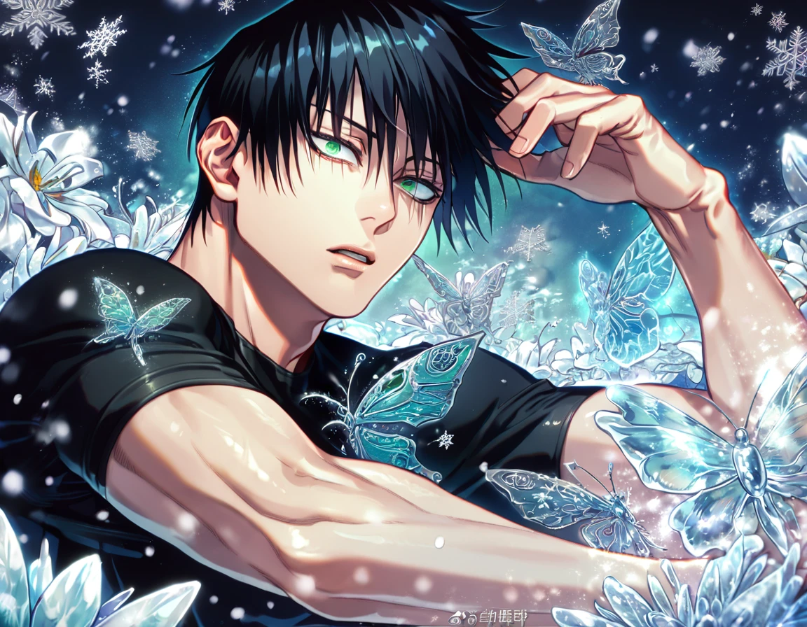absurd resolution, high resolution, ultra detailed, detailed eyes, extremely detailed, HDR, 8K, delicated features, Fushiguro Touji, straight black hair, expressive green eyes, Jujutsu Kaisen, sexy man, solo, handsome, black tight T-shirt, fantasy, magical, ice butterflies, snowing, snowflakes, ice lilies
