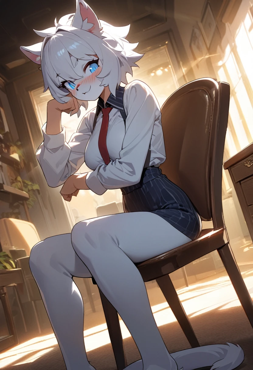 highres, top quality, best quality, paid reward available, High-quality illustrations, unparalleled masterpiece, salary man sitting on chair, fully posable, neutral pose, thinking pose(furry anthro)absurdres(highly detailed beautiful face and eyes)perfect anatomy, expression, caustics, dynamic lighting, lens flare, cinematic shadow, assorted poses, cinematic angle,