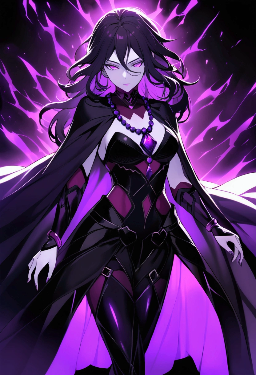 A female character named Gamora, anti-villain with mystical powers. She has long, wavy black hair, bright purple eyes, and pale skin with an ethereal purple aura. Gamora wears elegant, dark clothing with arcane patterns in shades of purple, including a cloak that moves like shadows. She wears a necklace with an obsidian amulet. Gamora is in a confident and mysterious pose, surrounded by shadows that appear vivid with a purple hue