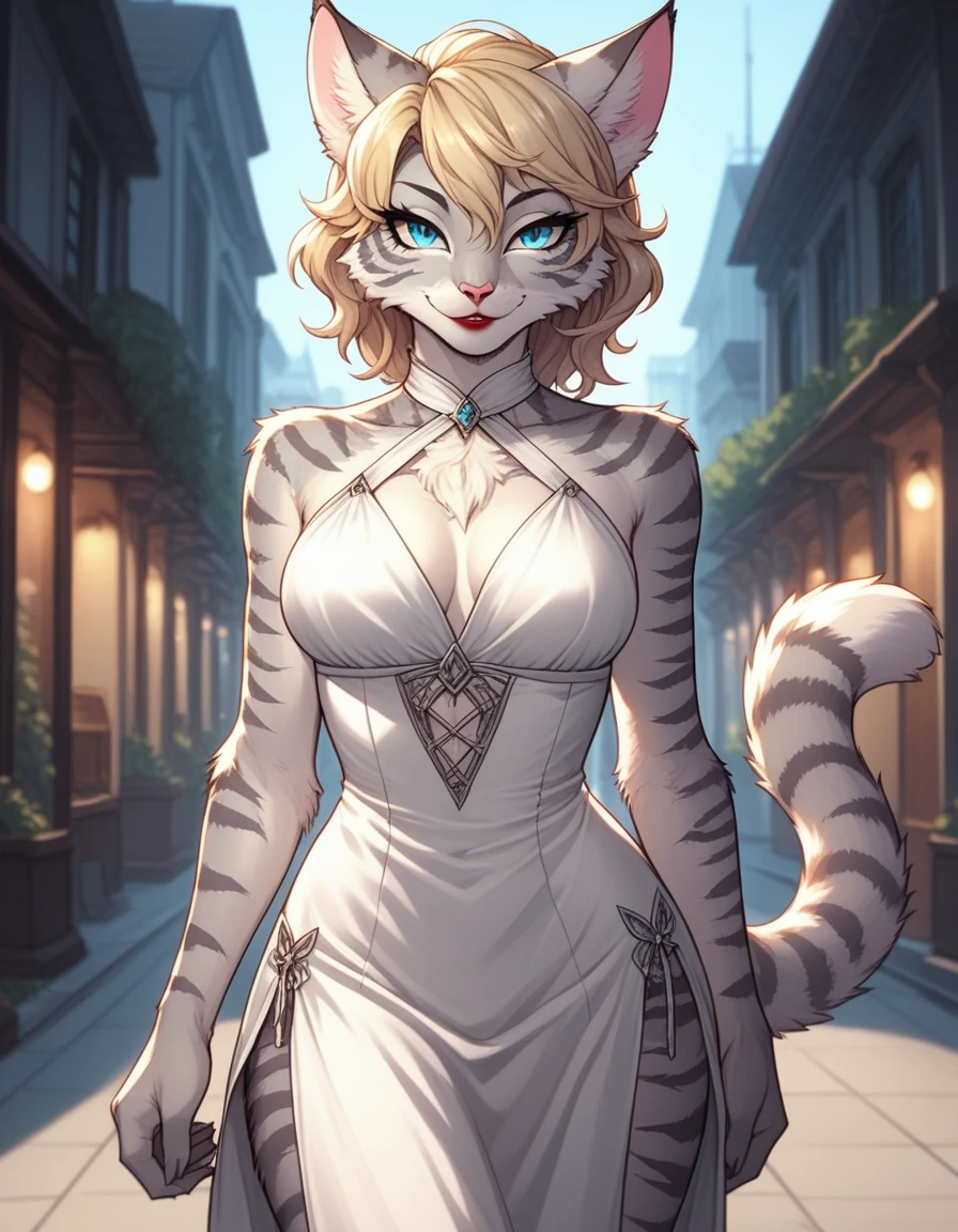 score_9,score_8_up,score_7_up, kemono style, Kat, Anthro furry feline, silver fur, grey stripes on body, blue eyes, short wavy blonde hair, hair styled like Marylin Monroe, pink nose, :3, white cock tail dress, red lipstick, white halter dress, black heels, seductive pose, in a 1940s city, cowboy shot