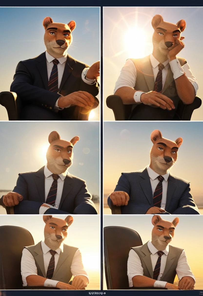 highres, top quality, best quality, paid reward available, High-quality illustrations, unparalleled masterpiece, salary man sitting on chair, fully posable, neutral pose, thinking pose(furry anthro)absurdres(highly detailed beautiful face and eyes)perfect anatomy, expression, caustics, dynamic lighting, lens flare, cinematic shadow, assorted poses, cinematic angle,