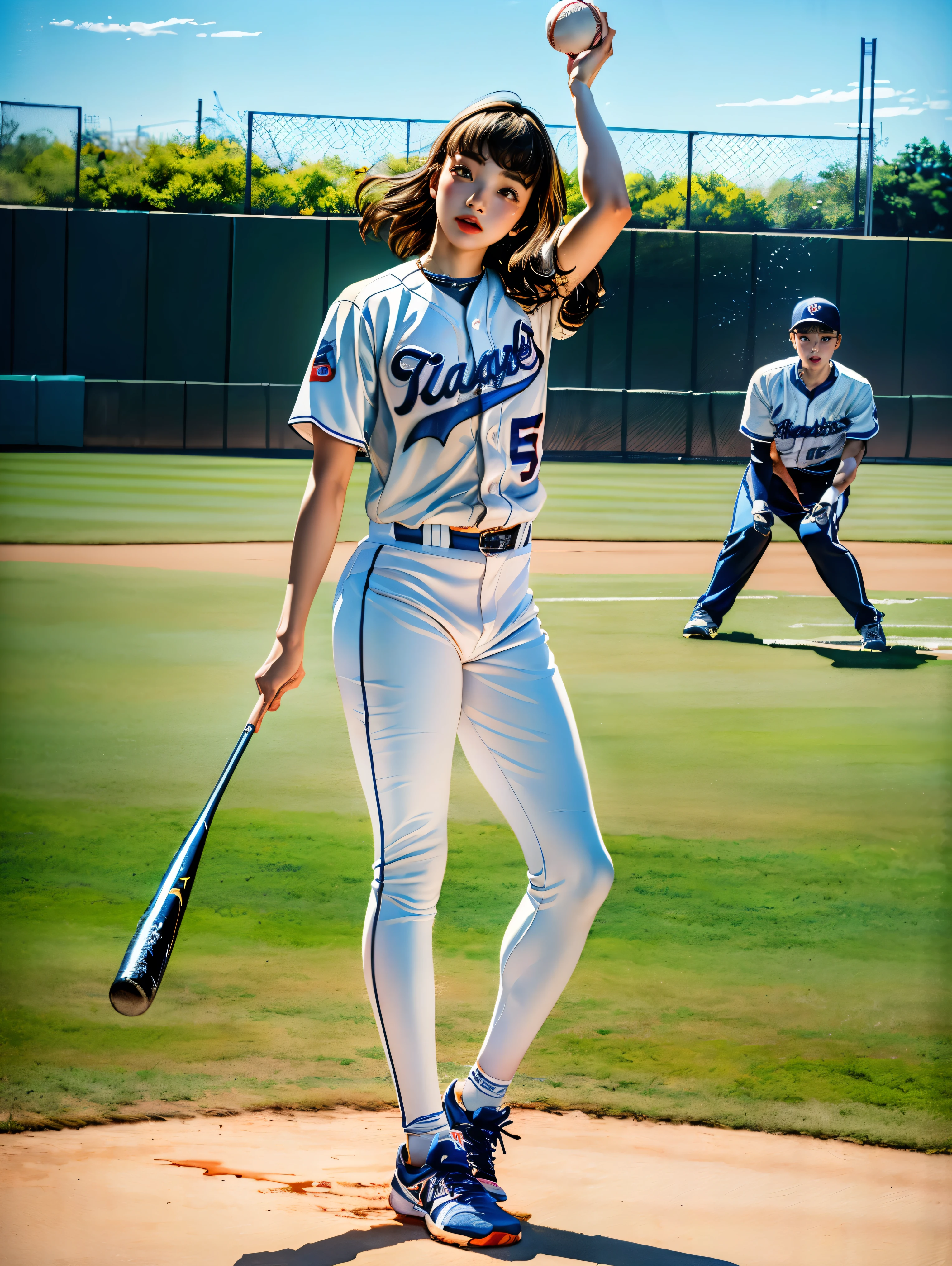 (Best quality, watercolor painting, colorful, sharp focus), (full body, wide angle shot), (1 cute Japanese girl), ((Baseball athlete):1.1), (Nana Komatsu), Jackson Pollock action painting, kinetic expression, colorful hair, (Splash and Drip Art Minimalism:1.1), koshien stadium background, style painting magic