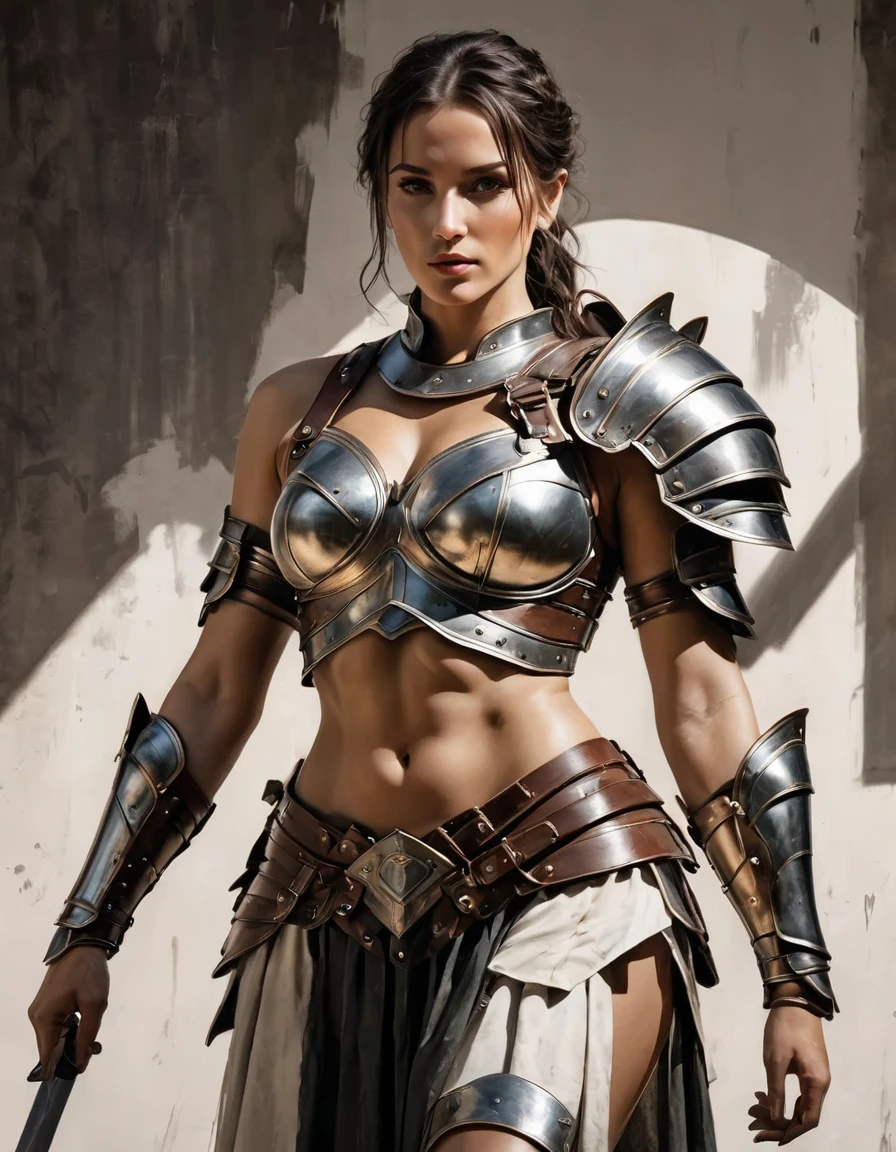 smooth lines, Express expressions and postures through ink contrast, The background is simple. emphasize light, shadow and space. ((full body):1.3), Drawing of Mature beauty. ((Detailed eye):1.3),((fresh)), wearing gladiator armor, painting, (best quality,4K,8k,high resolution,masterpiece:1.2),Super detailed,(actual,photoactual,photo-actual:1.37).Clean abs,