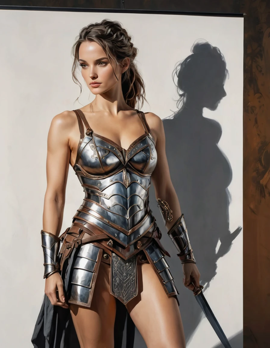 smooth lines, Express expressions and postures through ink contrast, The background is simple. emphasize light, shadow and space. ((full body):1.3), Drawing of Mature beauty. ((Detailed eye):1.3),((fresh)), wearing gladiator armor, painting, (best quality,4K,8k,high resolution,masterpiece:1.2),Super detailed,(actual,photoactual,photo-actual:1.37).Clean abs,