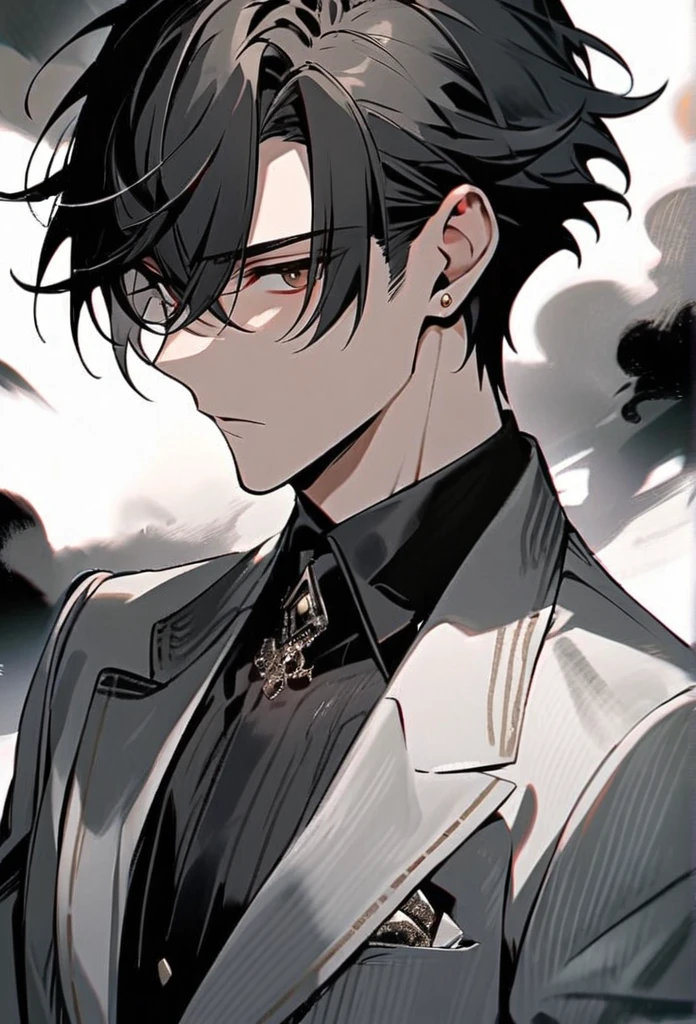 Handsome, solo, 1 male, short hair, black hair with smoke gray hair tips, brown eyes, black shirt, black and white suit
