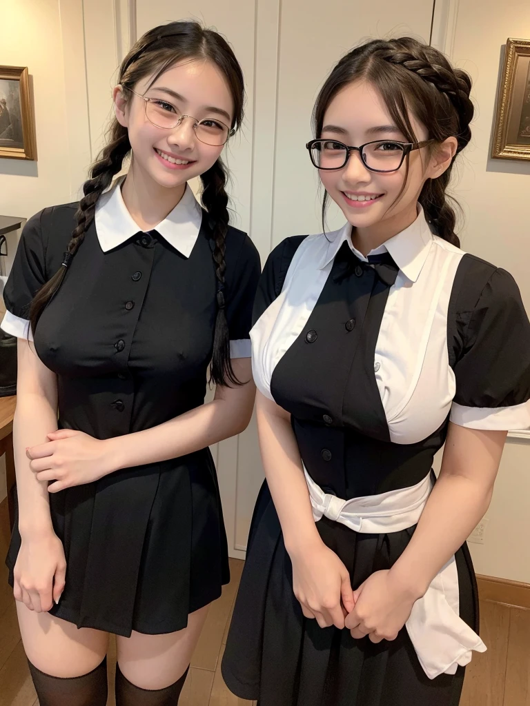 Highest quality、masterpiece、、Very detailed、Realistic、(Two Girls)、(Looking at me with a smile:1.5)、whole body、Black Hair、Small face、(Slender:1.2)、(Big Breasts)、Glasses、Braid、(Erect nipples:1.2)、(Waitress Uniform:1.2)