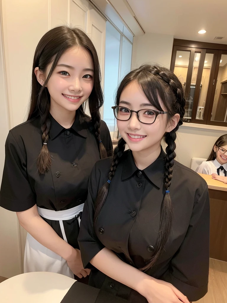 Highest quality、masterpiece、、Very detailed、Realistic、(Two Girls)、(Looking at me with a smile:1.5)、whole body、Black Hair、Small face、(Slender:1.2)、(Big Breasts)、Glasses、Braid、(Erect nipples:1.2)、(Waitress Uniform:1.2)