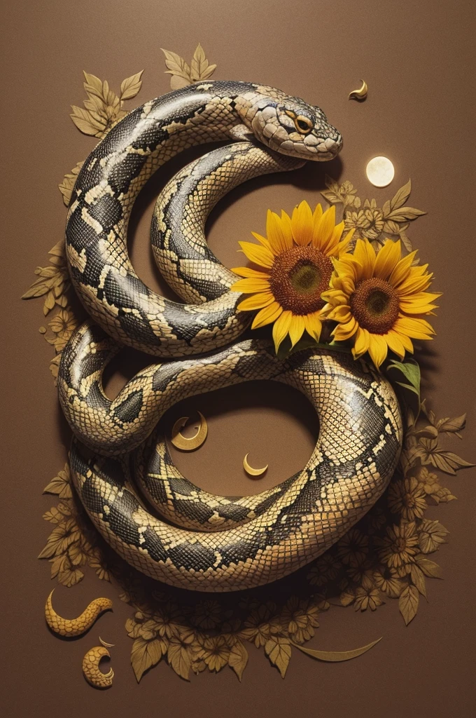 Ornamental snake tattoo in pointillism, sunflower and moon 