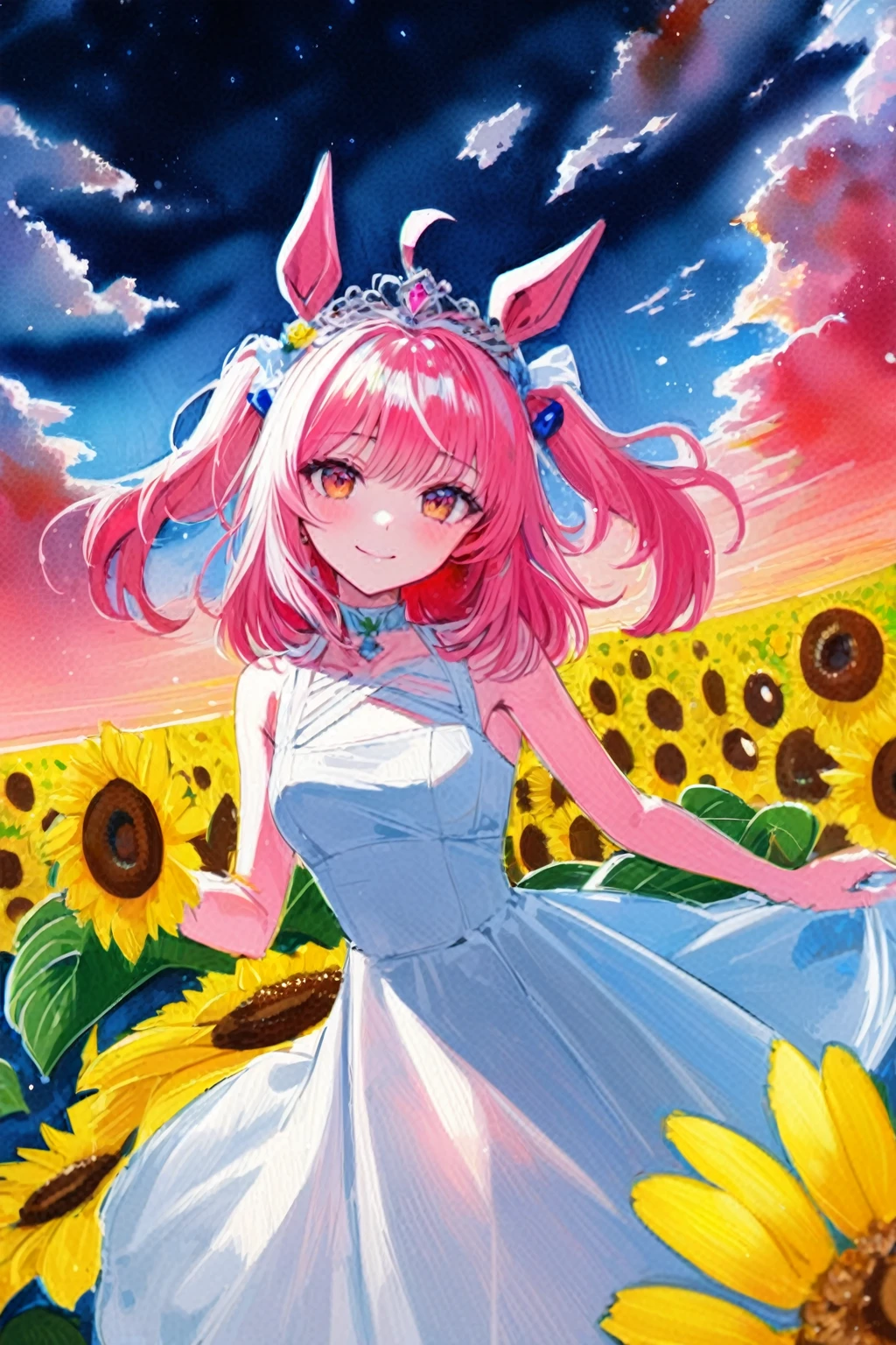 masterpiece, best quality, high quality, ultra detailed, detailed, hyper detailed, insanely detailed, 4K, 8K, highres, super fine Illustration, bokeh, colorful background, bloom, glow, powder lighting,
1girl, solo, looking at viewer, gentle smile, light atmosphere, (light particles),
sunset, golden hour, colorful sunset, beautifull sky,
floating hair, floating clothes, wind, cloud, white maid, white dress, bare shoulders, sunflowers, many sunflowers, palace, Castle, duch angle, lens flare,