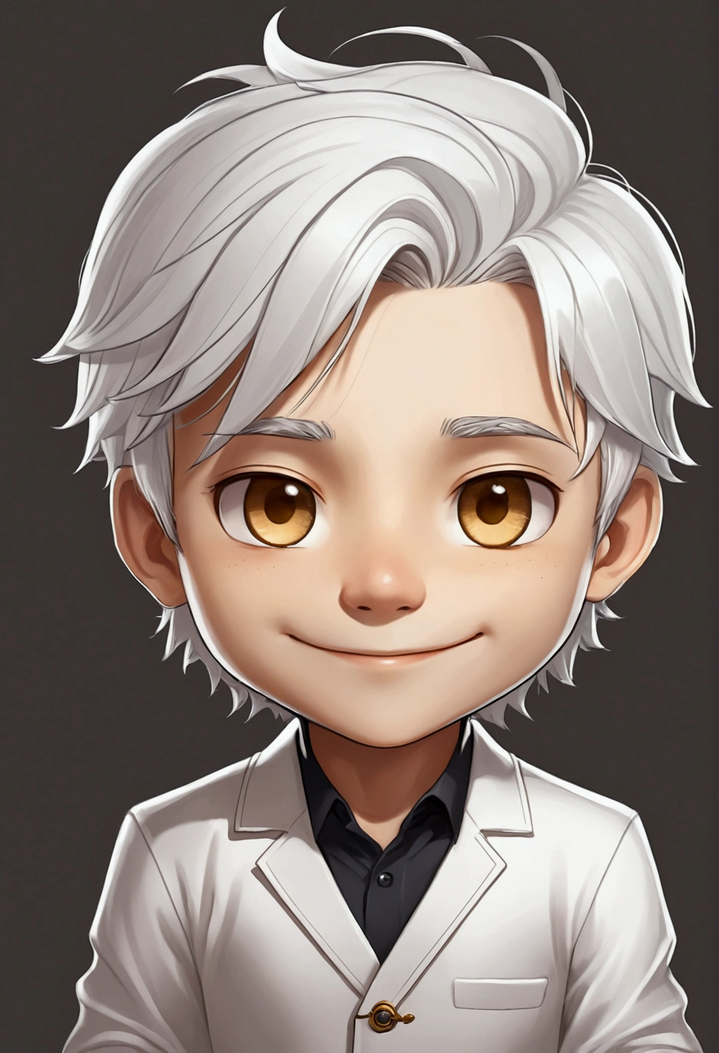 drawing style, MAKE A MALE CHIBI CHARACTER ,just the face, WITH WHITE HAIR AND GOLDEN EYES, Grinning