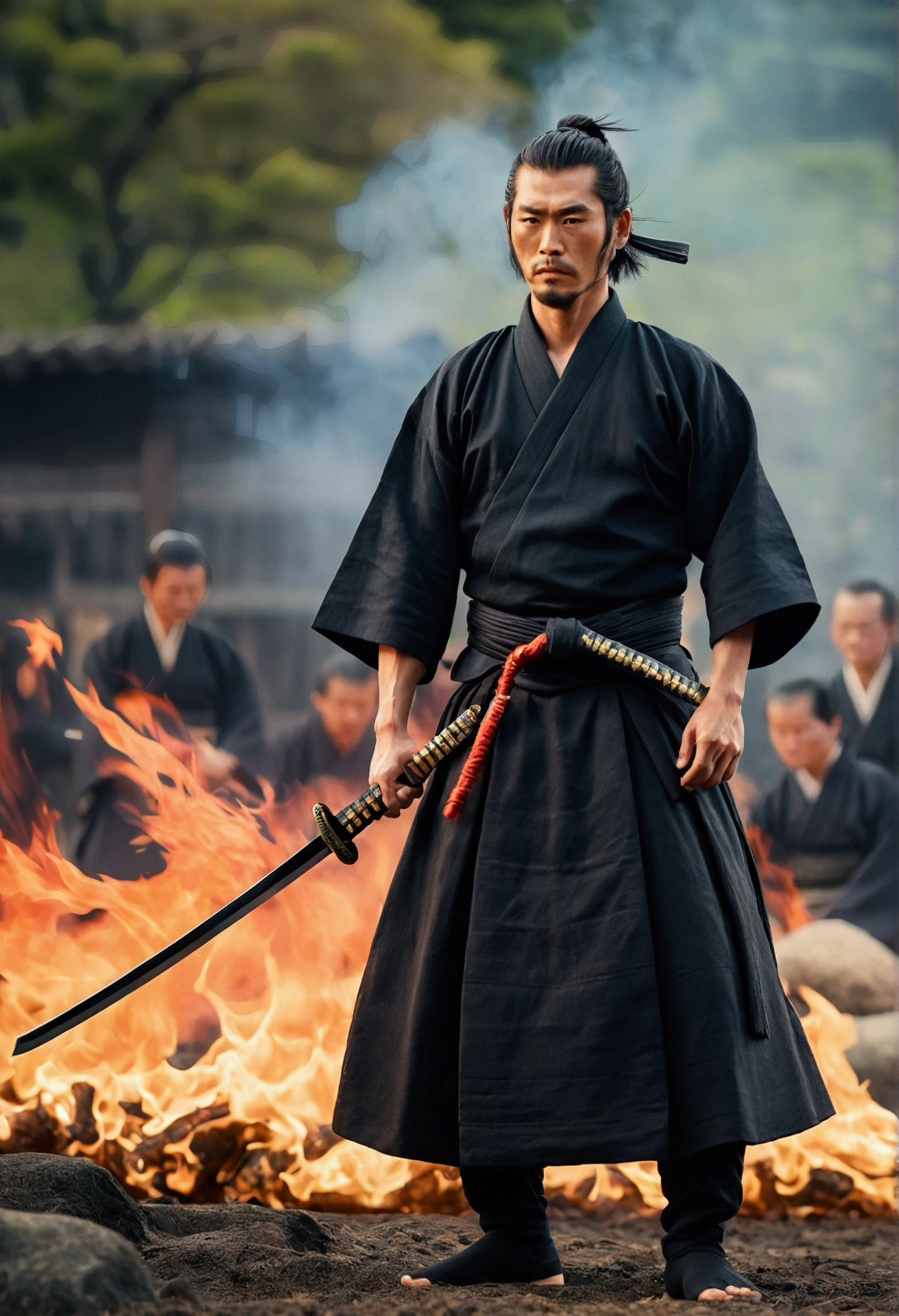 Samurai with a sword,Landscape, Realistic effect of wearing black hakama, The people are watching,Blur the background, 8K, Burning Fire,