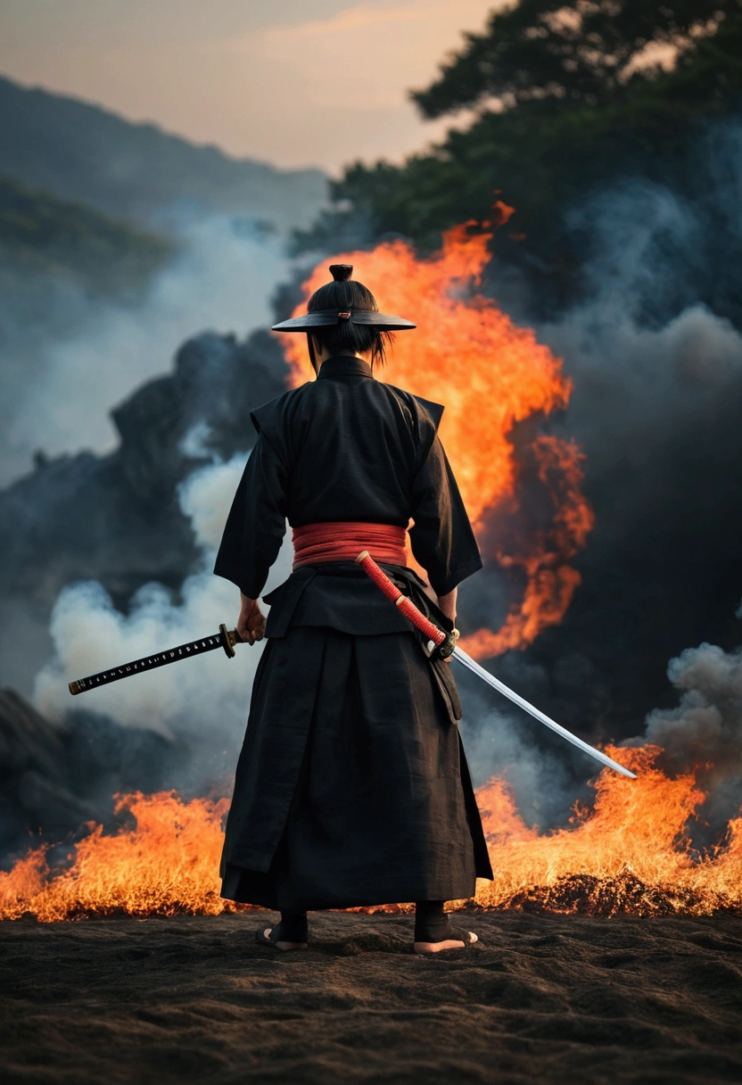 Samurai with a sword,Landscape, Realistic effect of wearing black hakama, The people are watching,Blur the background, 8K, Burning Fire,
