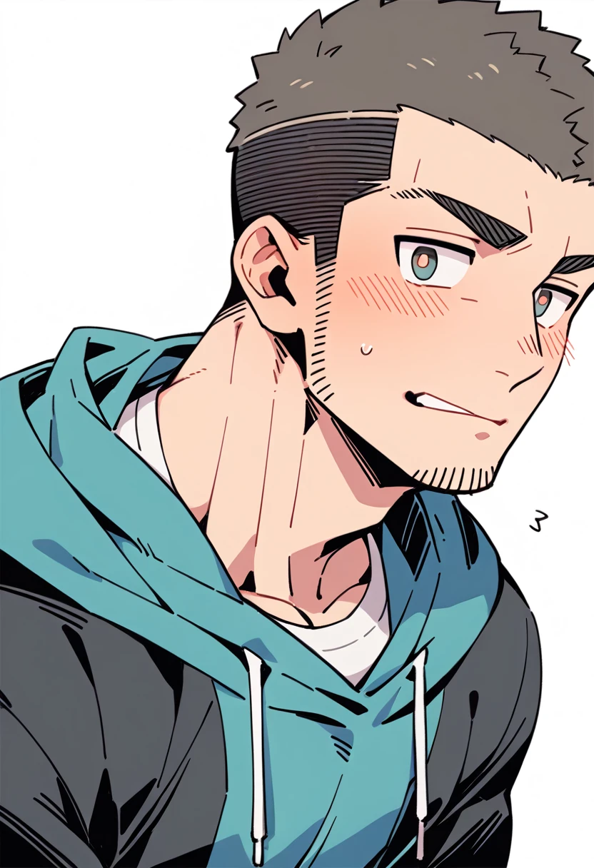 anime characters:Priapus, Muscle Sports Student, Buzz Cut, Manliness, male focus, Sports tight hooded sweatshirt, Very tight, full and perky chest muscles, muscular male, muscular, only, Upper body, alone, Black short hair, Thick eyebrows, stubble, Brown-red pupils, White background, simple background, amazing quality, best aesthetics, Ridiculous, crew cut, blush, Biting a pair of white panties, embarrassed, shy, endured face, negative space, best quality