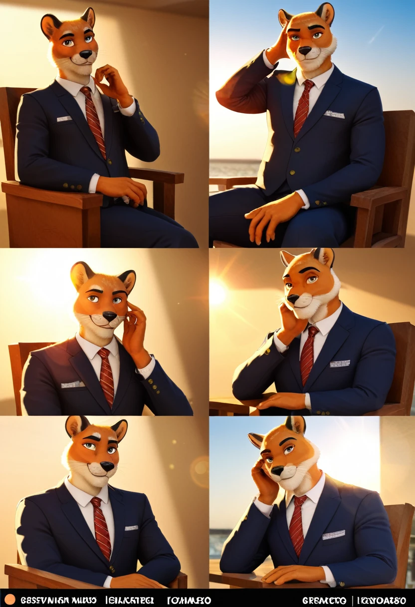 highres, top quality, best quality, paid reward available, High-quality illustrations, unparalleled masterpiece, salary man sitting on chair, fully posable, neutral pose, thinking pose(furry anthro)absurdres(highly detailed beautiful face and eyes)perfect anatomy, expression, caustics, dynamic lighting, lens flare, cinematic shadow, assorted poses, cinematic angle,