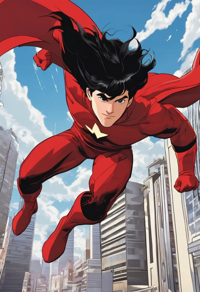 a male superhero with black hair and a long fringe, a red and white costume with a red cape, turtleneck and red gloves, flying around the city