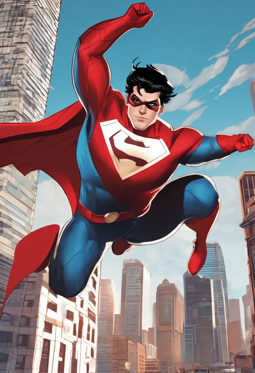 a male superhero with black hair and a long fringe, a red and white costume with a red cape, turtleneck and red gloves, flying around the city