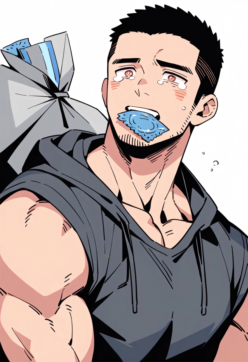 anime characters:Priapus, Muscle Sports Student, Buzz Cut, Manliness, male focus, Sports tight hooded sweatshirt, Very tight, full and perky chest muscles, muscular male, muscular, only, Upper body, alone, Black short hair, Thick eyebrows, stubble, Brown-red pupils, White background, simple background, amazing quality, best aesthetics, Ridiculous, crew cut, sad, crying, sobbing, blush, mouth hold, Bite the condom packaging bag, negative space, best quality