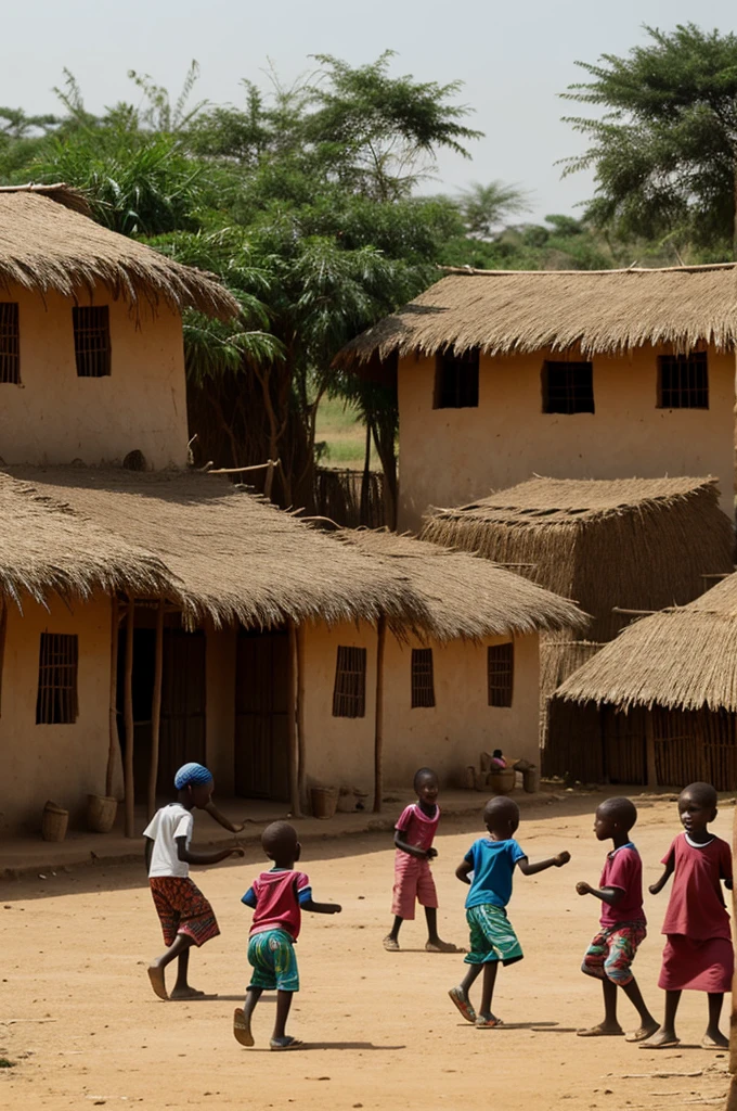 Create an image of a rural African village with children playing with a ball 