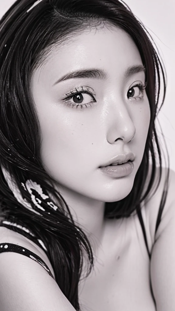 (best quality,ultra-detailed,realistic),(monoclonal portraits),(black and white:1.7),(soft lighting),(Japanese beautiful face),(detailed facial features),(white background),(line drawing),anatomy correct,completely naked,perfect nude,undressed,gleaming face,shiny skin