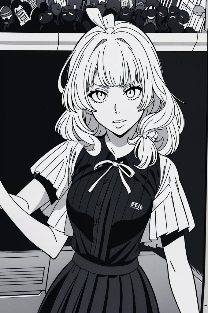 高いest quality、masterpiece、((She is alone:1.3))、((1 Girl:1.3))、((Her eyes are single、Her eyes are fished out:1.5))、((Her mouth is big、White teeth stand out:1.5))、((Very nice teeth))、(((She has her bangs down:1.8)))、(((Her bangs are straight:1.8)))、((Natural Curl:1.3))、((curly hair up to shoulders))、((Gray Hair))、Detailed face、 (Comic style illustration:1.8), (Line art_anime),(Black and White:1.3),(Monotony_High contrast:1.5),((high school girl)),((ribbon、Short-sleeved shirt、Pleated skirt:1.5))、Inside the school_Complex background,(Looking for a black cat:1.2)