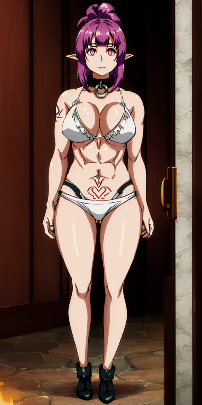((1woman)) whole body, standing, gray skin, drow, elf, 1 girl, maduro, purple eyes, by white, black bikini, ABS, Large knockers, tattered rags, chain collar, stomach tattoo (red tattoo)