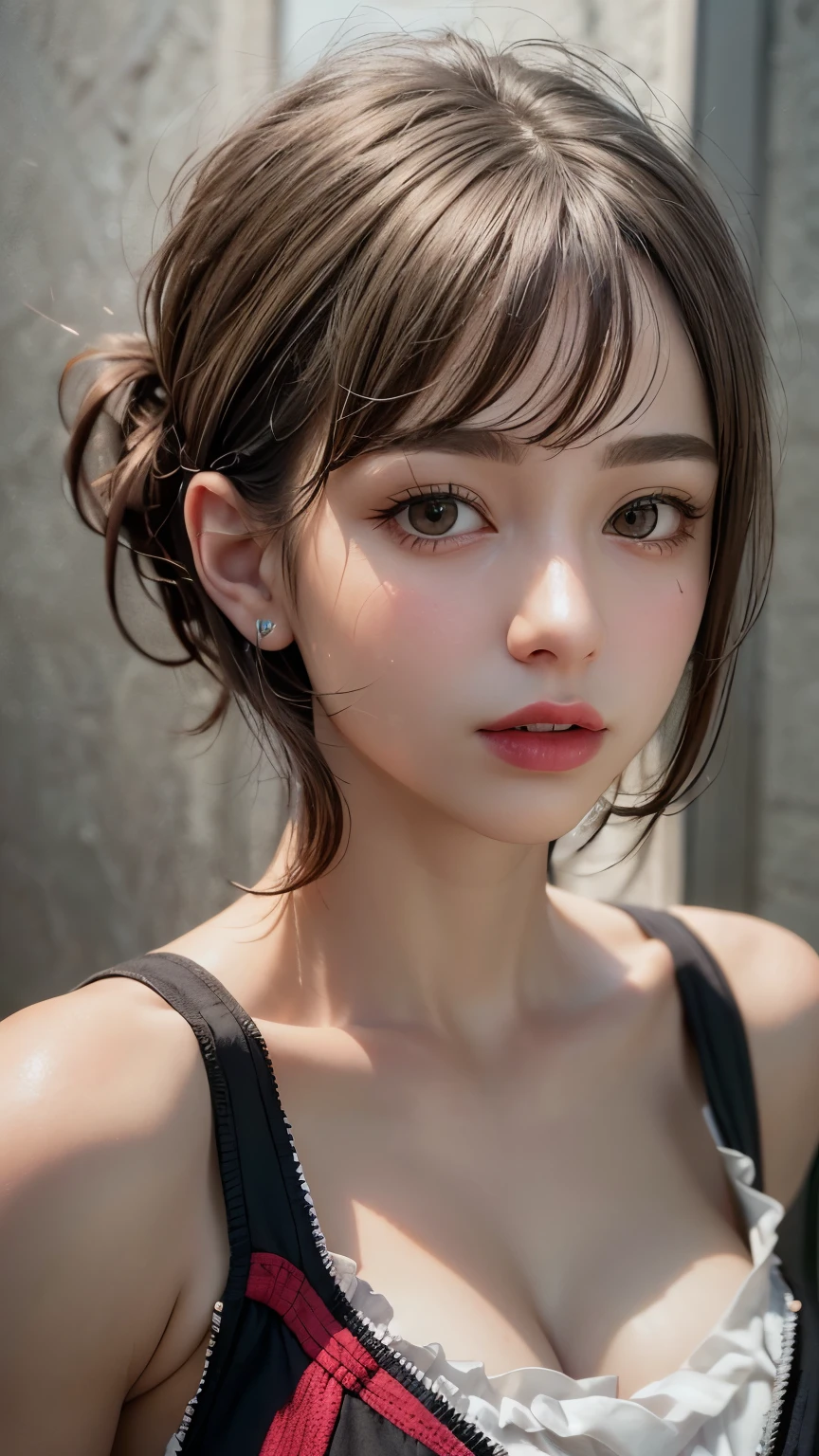 Masterpiece hyperrealist & Photorealistic beautiful girl, Realistic Skin (Pore-filled skin) Short Bob Cut Hair, Realistic red lips,Punk Girl, (head shot:1.5),Shorts