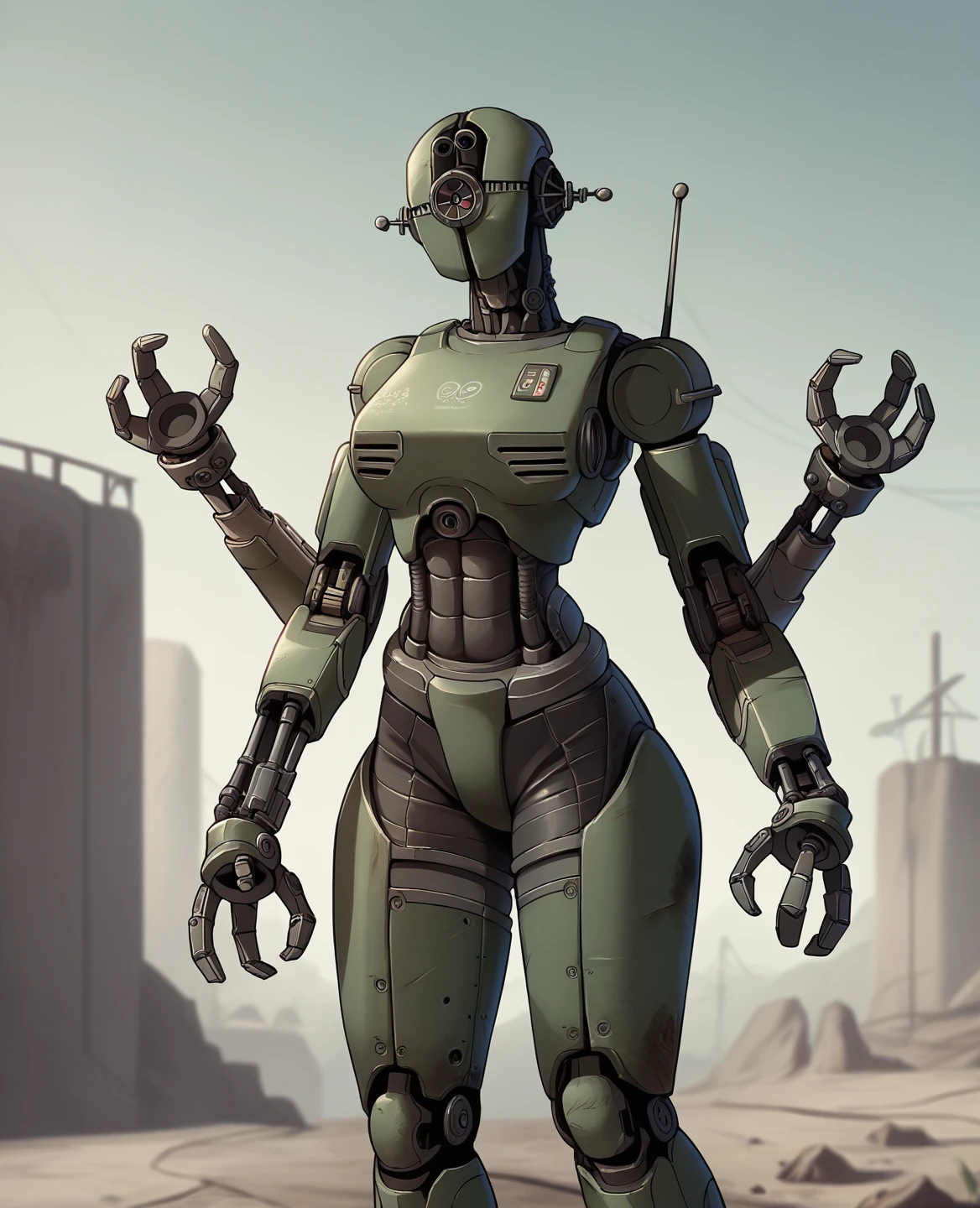 score_9, score_8_up, score_7_up, score_6_up, score_5_up, source_furry, assaultron, fallout, 1girl, solo, breasts, looking at viewer, robot, humanoid robot, robot joints, one-eyed, joints, no humans, green skin, mechanical arms, crotch plate, science fiction, post-apocalypse, outside, green armor, robotic hand, 3 fingers, An enclave assaultron with 6 arms, masterpiece, best quality, assaultron, black armor, armor, extra arms
