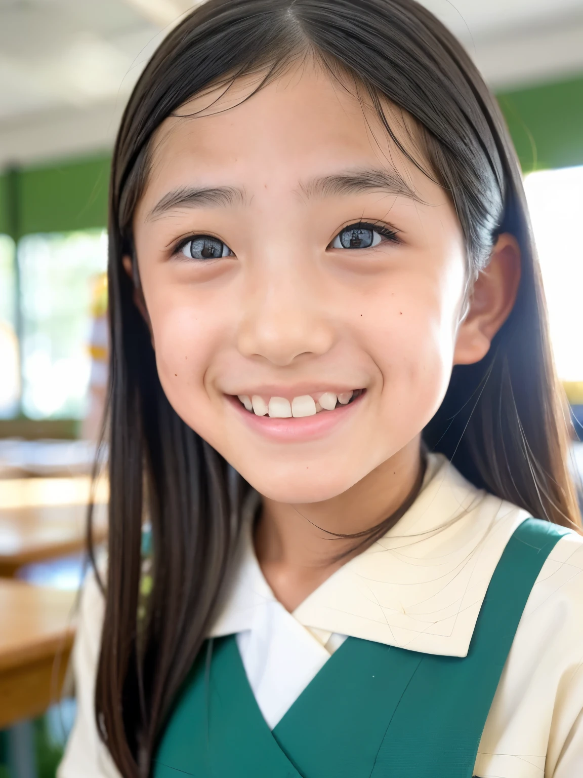 lens: 135mm f1.8, (Highest quality),(RAW Photos), (Tabletop:1.1), (Beautiful 9 year old Japanese girl), Cute face, (Deeply chiseled face:0.7), (freckles:0.4), dappled sunlight, Dramatic lighting, (Japanese School Uniform), (In the classroom), shy, (Close-up shot:1.2), (smile), (sunlight)