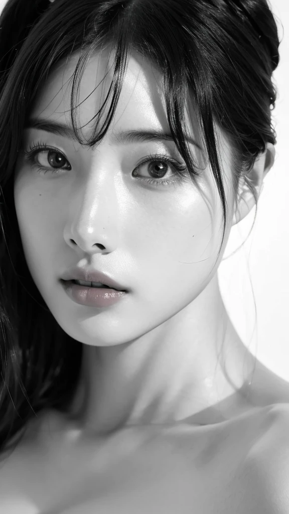 (best quality,ultra-detailed,realistic),(monoclonal portraits),(black and white:1.7),(soft lighting),(Japanese beautiful face),(detailed facial features),(white background),(line drawing),anatomy correct,completely naked,perfect nude,undressed,gleaming face,shiny skin
