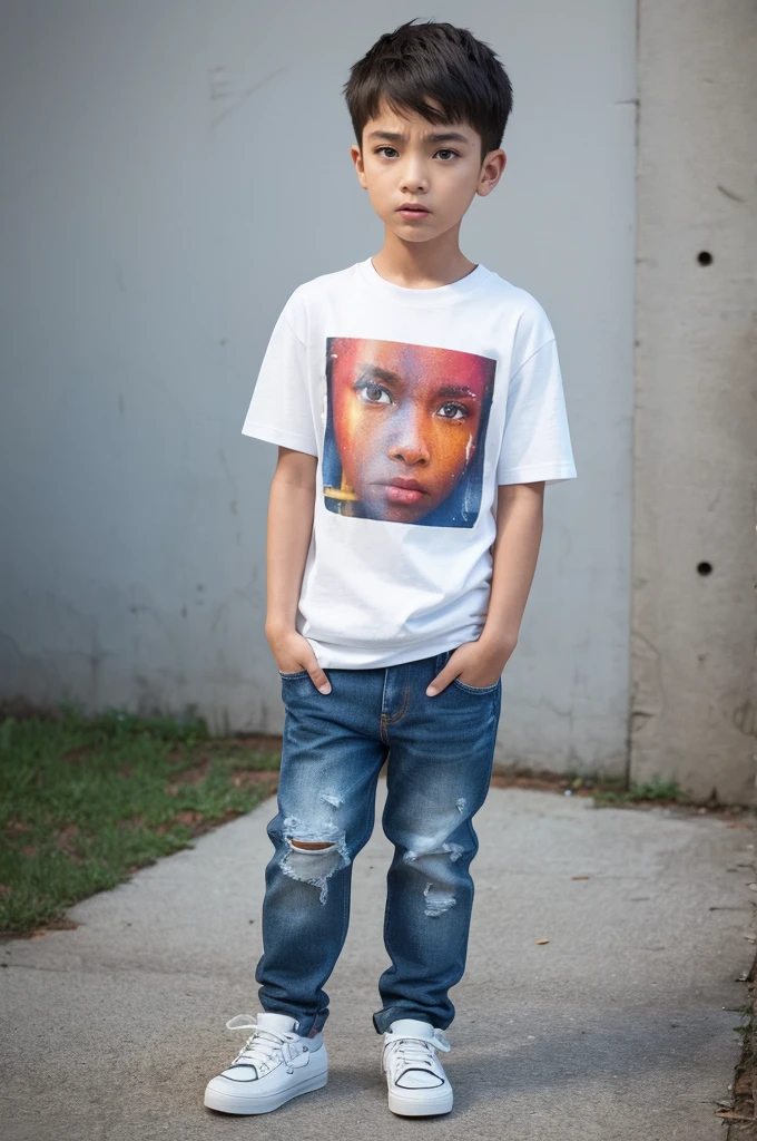 1boy, t-shirt, jeans, sneaker, UHD, retina, textured skin, highres