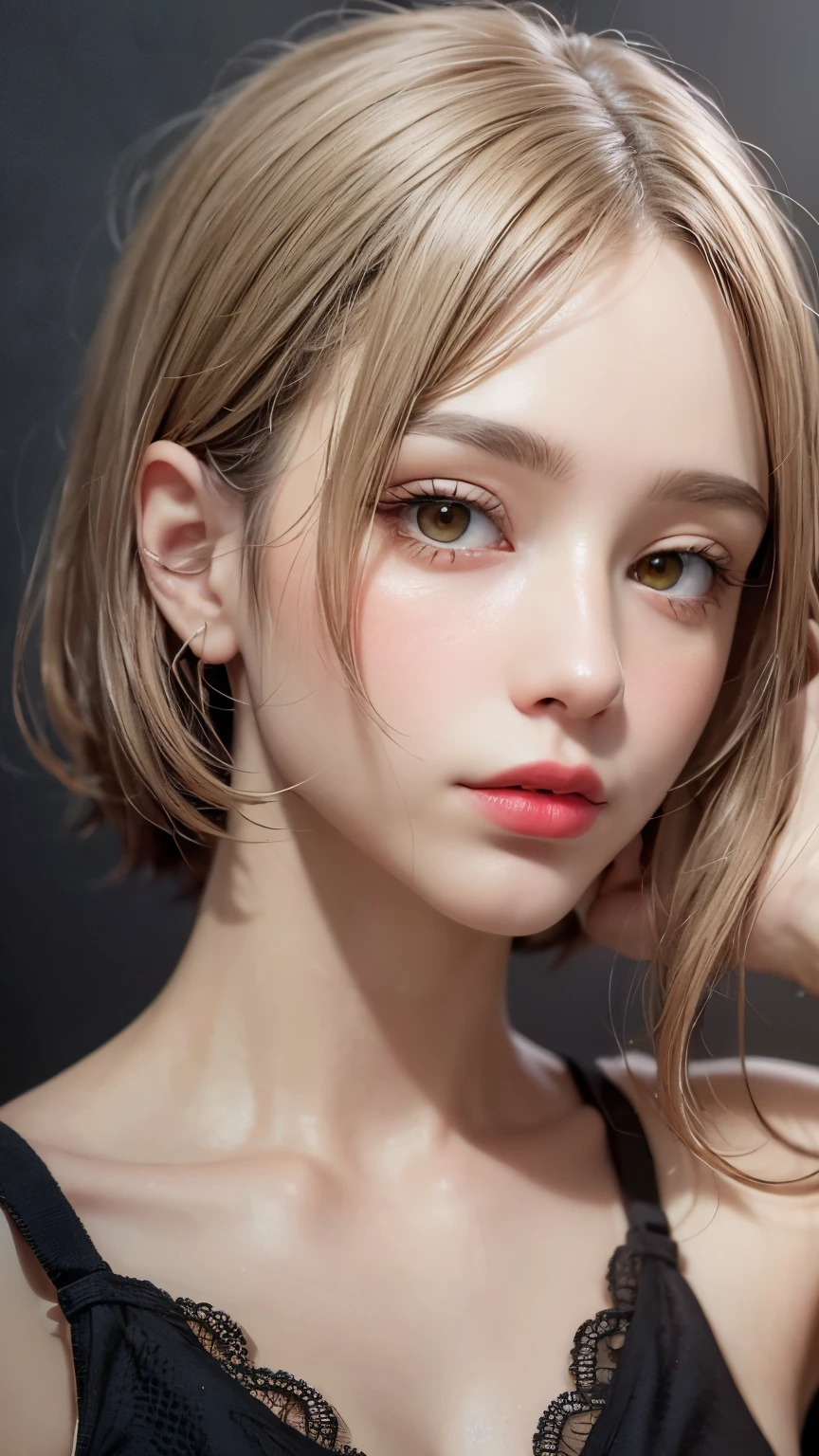 Masterpiece hyperrealist & Photorealistic beautiful girl, Realistic Skin (Pore-filled skin) Short Bob Cut Hair, Realistic red lips,Punk Girl, (head shot:1.5),Shorts