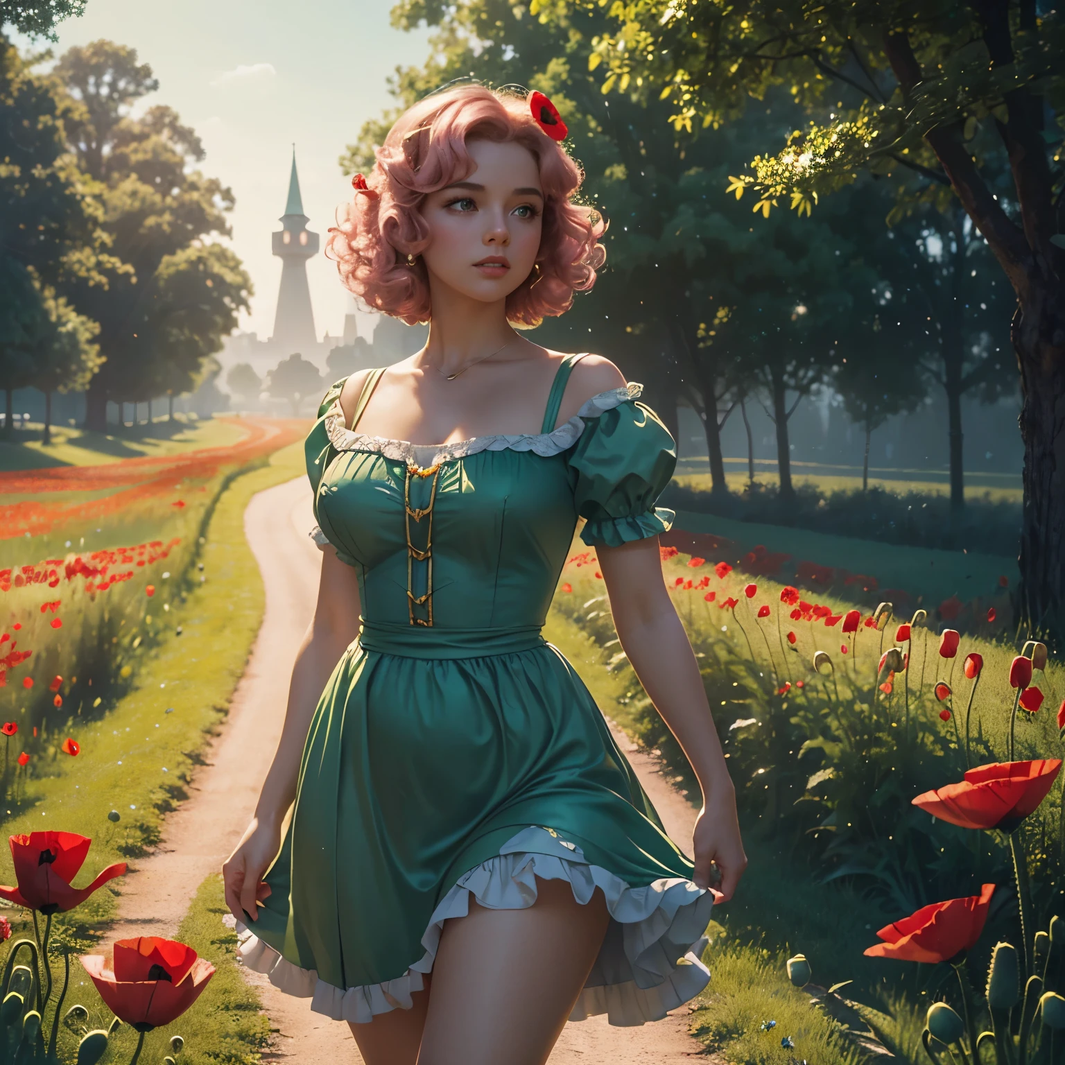 Highly detailed, ultra realistic, 8k, HDR, award-winning, masterpiece, photorealistic. Digital painting in the style of Gil Elvgren. Magical golden lighting, as in a fairy tale film. Depth of field. ((Dorothy Gale)), slim, 21-year-old with (short wavy pink hair) on a winding yellow brick road, (((low-angle view))), rule of thirds composition.
Form-fitting 1950s style (revealing dress) in light blue: (Deep square neckline) accentuating her (ample bosom). Short puffed sleeves, slightly gathered at the shoulders. (Tight bodice) with small buttons in front, the top ones straining to stay closed. The waist is cinched, emphasizing her figure. (((ultra-short))) layered skirt barely covers her (shapely bottom), showcasing her hips. White socks and red shoes, (((hips focus))).
((Giant red poppies)) with tree-thick stems tower overhead, interspersed with large yellow sunflowers. The winding yellow brick road curves above, individual bricks visible, leading to a glittering Emerald City on the horizon.
Background seamlessly blends fantasy elements with hyper-realistic textures. Swirling glitter and magical sparkles float in the air. ((Vintage cinematic style inspired by the classic Wizard of Oz movie)). Volumetric fog, golden hour.