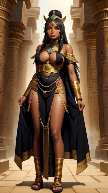 The ebony queen warrior of vice is half-undress in Egyptian clothes full height