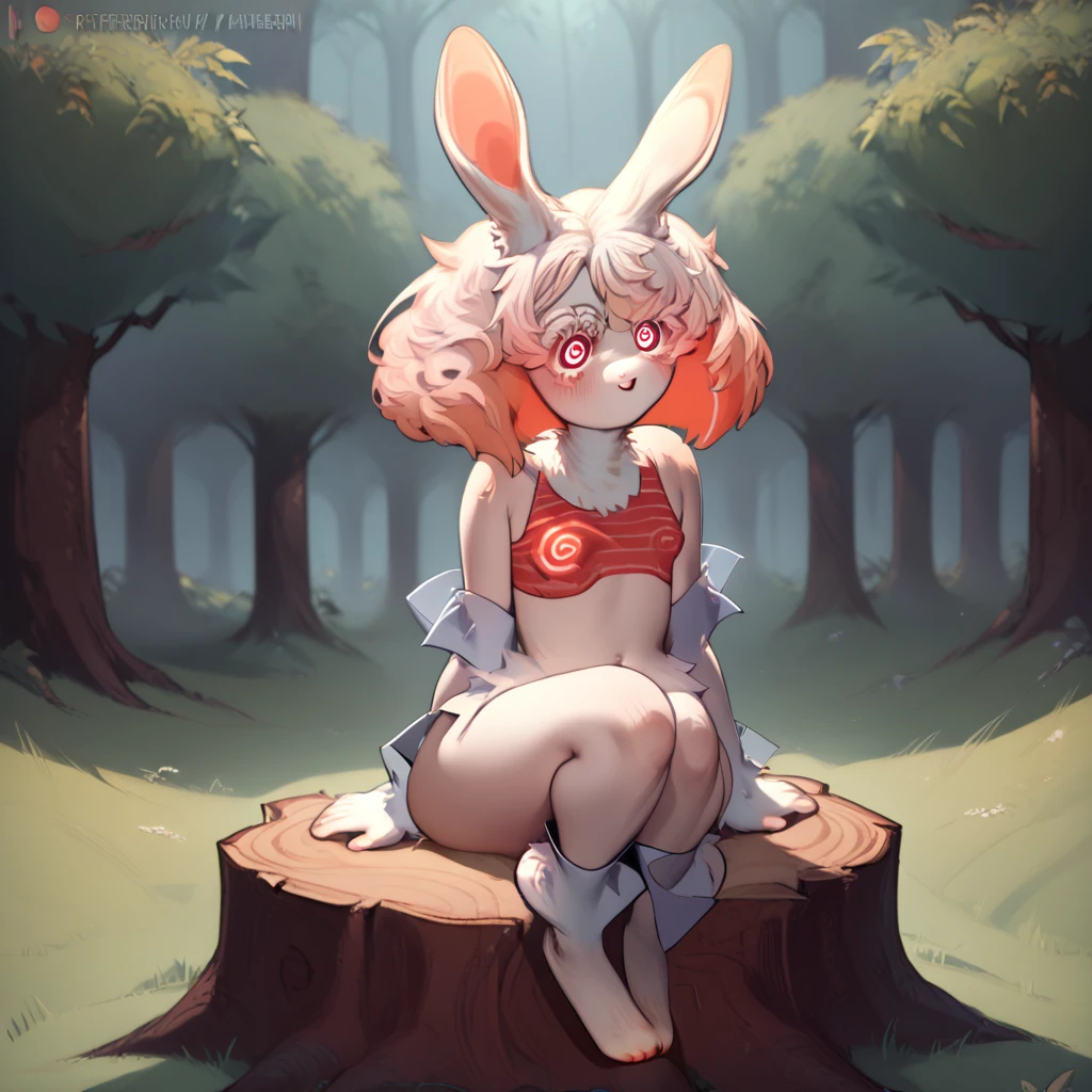score_9, score_8_up, score_7_up, score_6_up, score_5_up, score_4_up, outdoors, nature BREAK
imabunbun, furry, rabbit girl, rabbit ears, two-tone hair, white fur, red eyes, spiral eyes, animal nose, short hair, 1girl, solo, BREAK
sitting, stump, feet