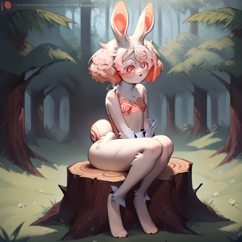 score_9, score_8_up, score_7_up, score_6_up, score_5_up, score_4_up, outdoors, nature BREAK
imabunbun, furry, rabbit girl, rabbit ears, two-tone hair, white fur, red eyes, spiral eyes, animal nose, short hair, 1girl, solo, BREAK
sitting, stump, feet