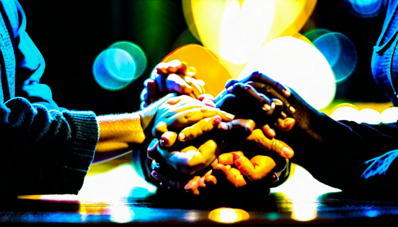 Close-up of a family holding hands in prayer, faces showing earnestness and hope, indoor setting with warm lighting, 16:9