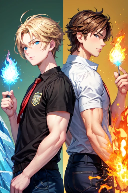 Two masculine men, one is 30 years old,is high, has brown hair and red eyes and the other is 25 years old, has light blonde hair and blue eyes, both are wearing school clothes, green background and fire and ice powers