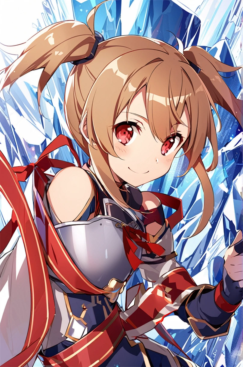 silica, One girl, Brown Hair, Medium Hair,Twin tails, armor, Red eyes, gloves, breastplate, short Twin tails, fingerless gloves, shoulder, off shoulder, smile, ribbon, ice , hair ribbon, red ribbon, alone, 