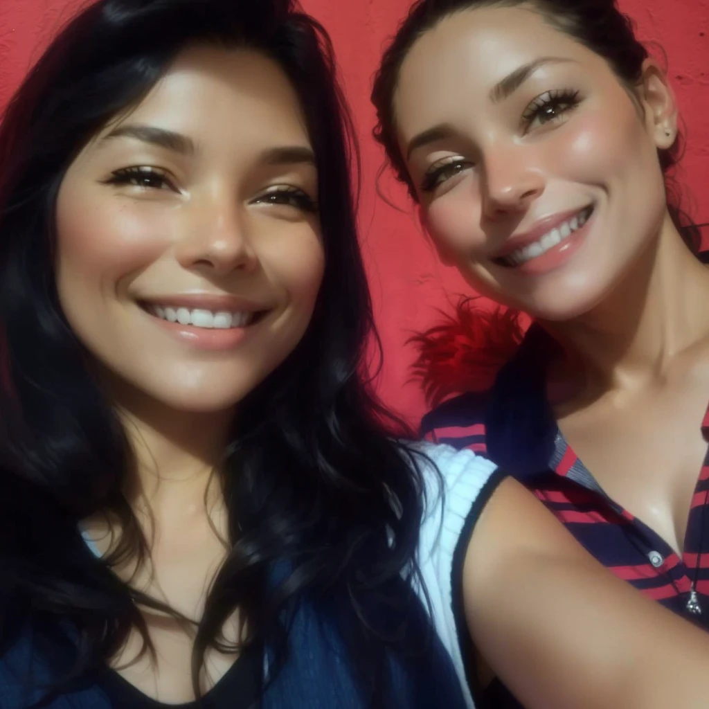 A mother and daughter taking a selfie with a smile against the backdrop of a red wall