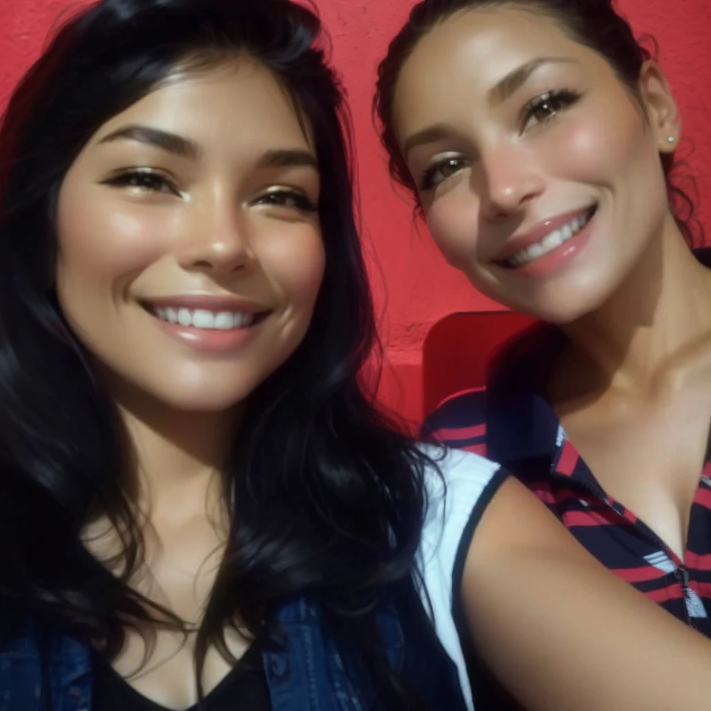 A mother and daughter taking a selfie with a smile against the backdrop of a red wall