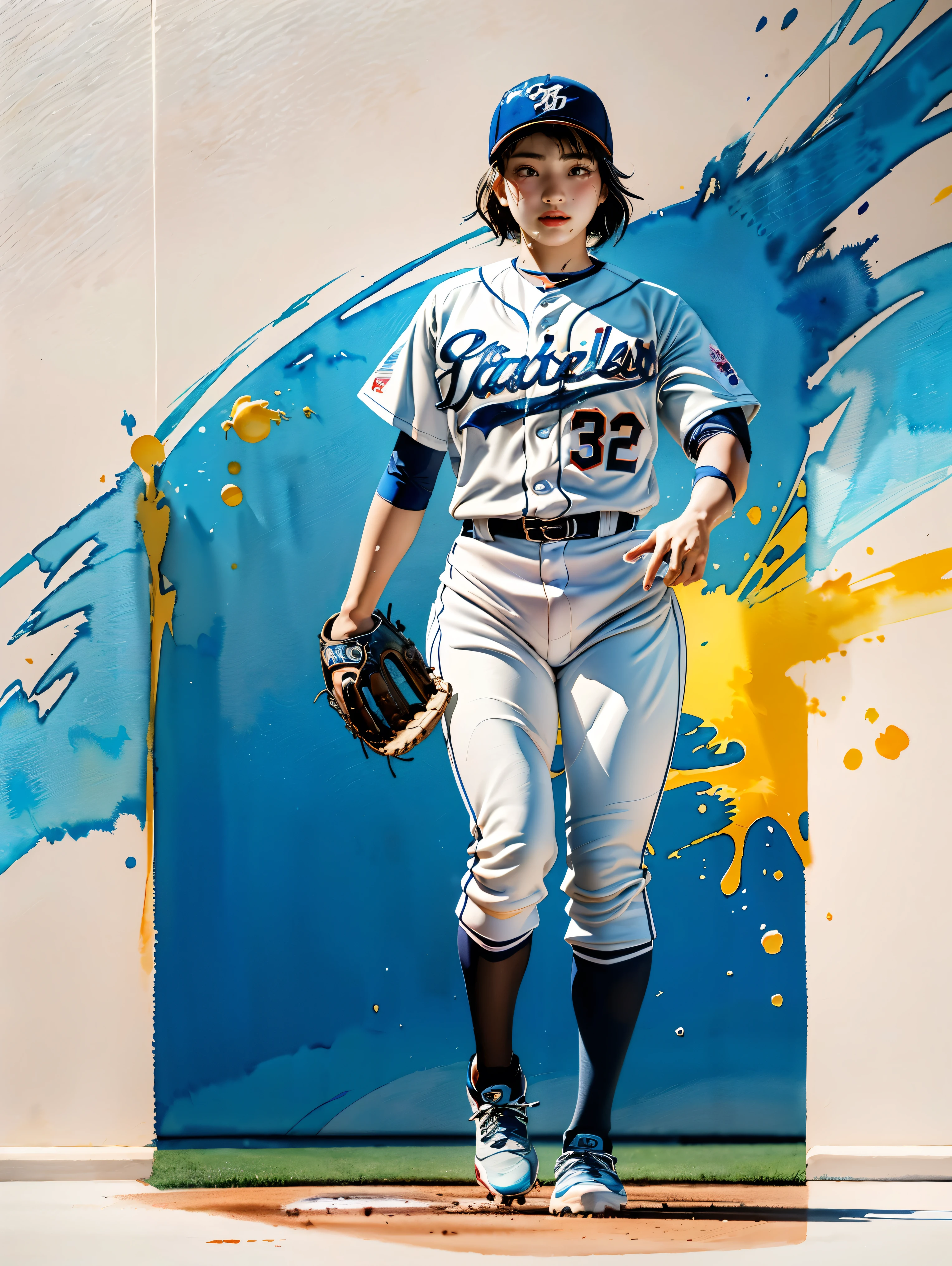 (Best quality, watercolor painting, colorful, sharp focus), (full body, wide angle shot), (1 cute Japanese girl), ((Baseball athlete):1.1), (Nana Komatsu), Jackson Pollock action painting, kinetic expression, colorful hair, (Splash and Drip Art Minimalism:1.1), koshien stadium background, style painting magic