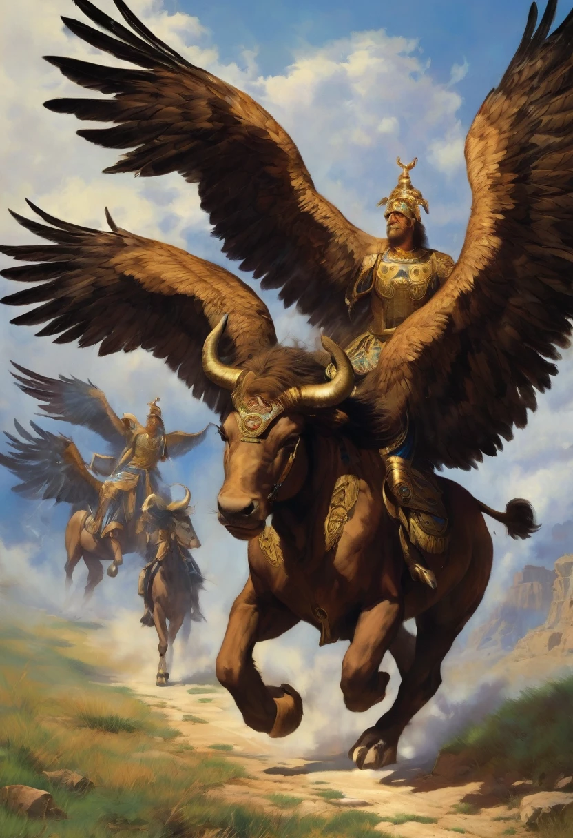 they had the likeness of a man. And each had four faces, and each of them also had four wings. And his feet were straight feet; and the soles of his feet were like the soles of a heifer's foot, and they shone like the color of polished copper. And they had the hands of a man under their wings, on the four sides; and so all four had their faces and their wings. Their wings joined each other; they did not turn when they walked; each one walked before his face. And the likeness of his face was like the face of a man; and on the right hand all four had the face of a lion, and on the left hand all four had the face of an ox, and also the face of an eagle, all four. And his face and his wings were separated above; each had two wings close together, and two covered their bodies. And each one walked before his face; where the Spirit would go, they went; They didn't turn around when they walked. And as for the likeness of the beasts, their appearance was like burning coals of fire, like the appearance of torches; the fire ran among the animals, and the fire blazed, and from the fire came lightning. And the animals ran and returned, like lightning.