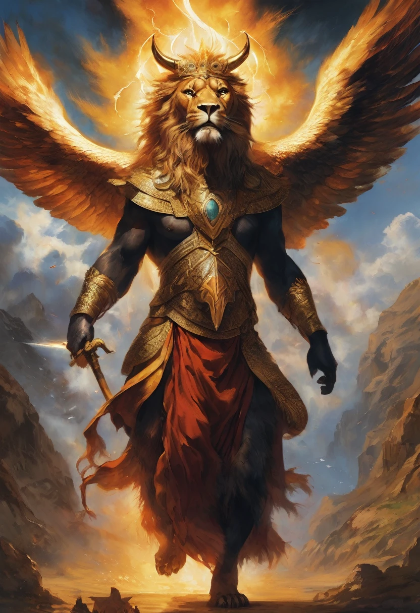 they had the likeness of a man. And each had four faces, and each of them also had four wings. And his feet were straight feet; and the soles of his feet were like the soles of a heifer's foot, and they shone like the color of polished copper. And they had the hands of a man under their wings, on the four sides; and so all four had their faces and their wings. Their wings joined each other; they did not turn when they walked; each one walked before his face. And the likeness of his face was like the face of a man; and on the right hand all four had the face of a lion, and on the left hand all four had the face of an ox, and also the face of an eagle, all four. And his face and his wings were separated above; each had two wings close together, and two covered their bodies. And each one walked before his face; where the Spirit would go, they went; They didn't turn around when they walked. And as for the likeness of the beasts, their appearance was like burning coals of fire, like the appearance of torches; the fire ran among the animals, and the fire blazed, and from the fire came lightning. And the animals ran and returned, like lightning.