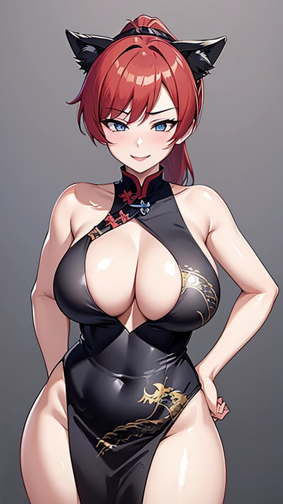 ,milf,red hair , ponytail hair, black cat ears , sexy Chinese dress, blue eyes, big breasts, correct anatomy,milf smile, ahegao