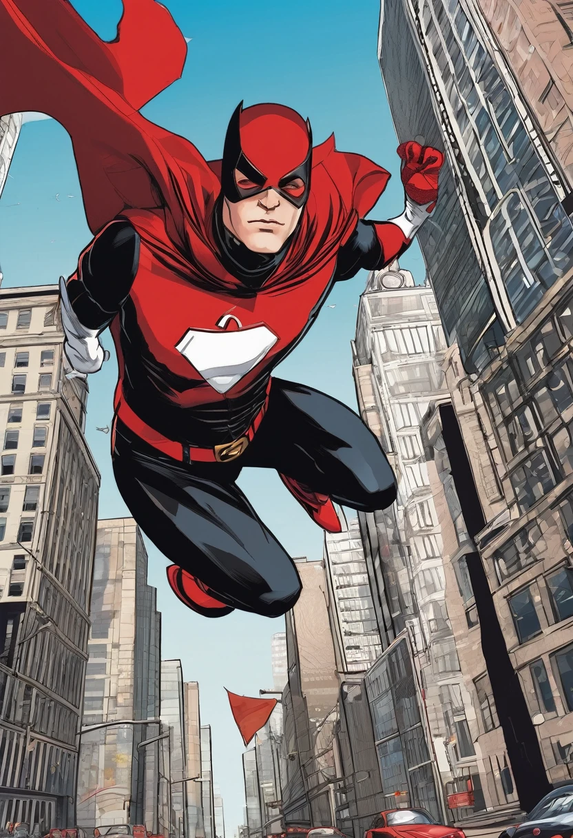 a superhero man with black hair, a red and white costume with a red cape, turtleneck and red gloves, flying around the city