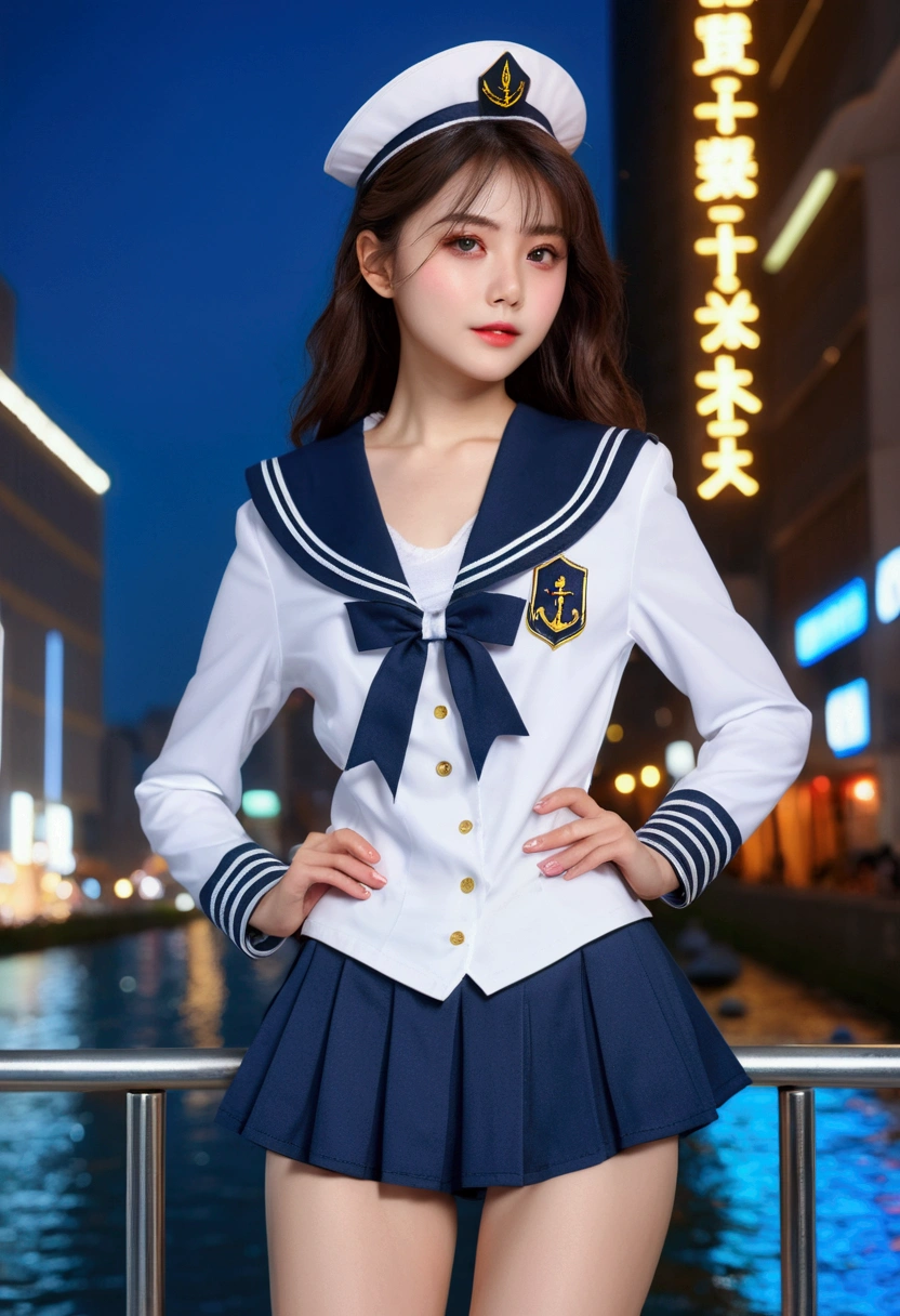 nsfw, (Highest quality、4K、8K、High resolution、masterpiece: 1.2)、Very detailed、(Genuine、photoGenuineistic、photoGenuineistic: 1.37)、Beautiful young woman、High-tech City、Shining neon lights、((Sailor suit:1.35))、（Ice pin:1.45)、(Lift up the skirt:1.5)、(Showing off gorgeous floral panties:1.4), (Body fluids continue to drip from the crotch!:1.5)