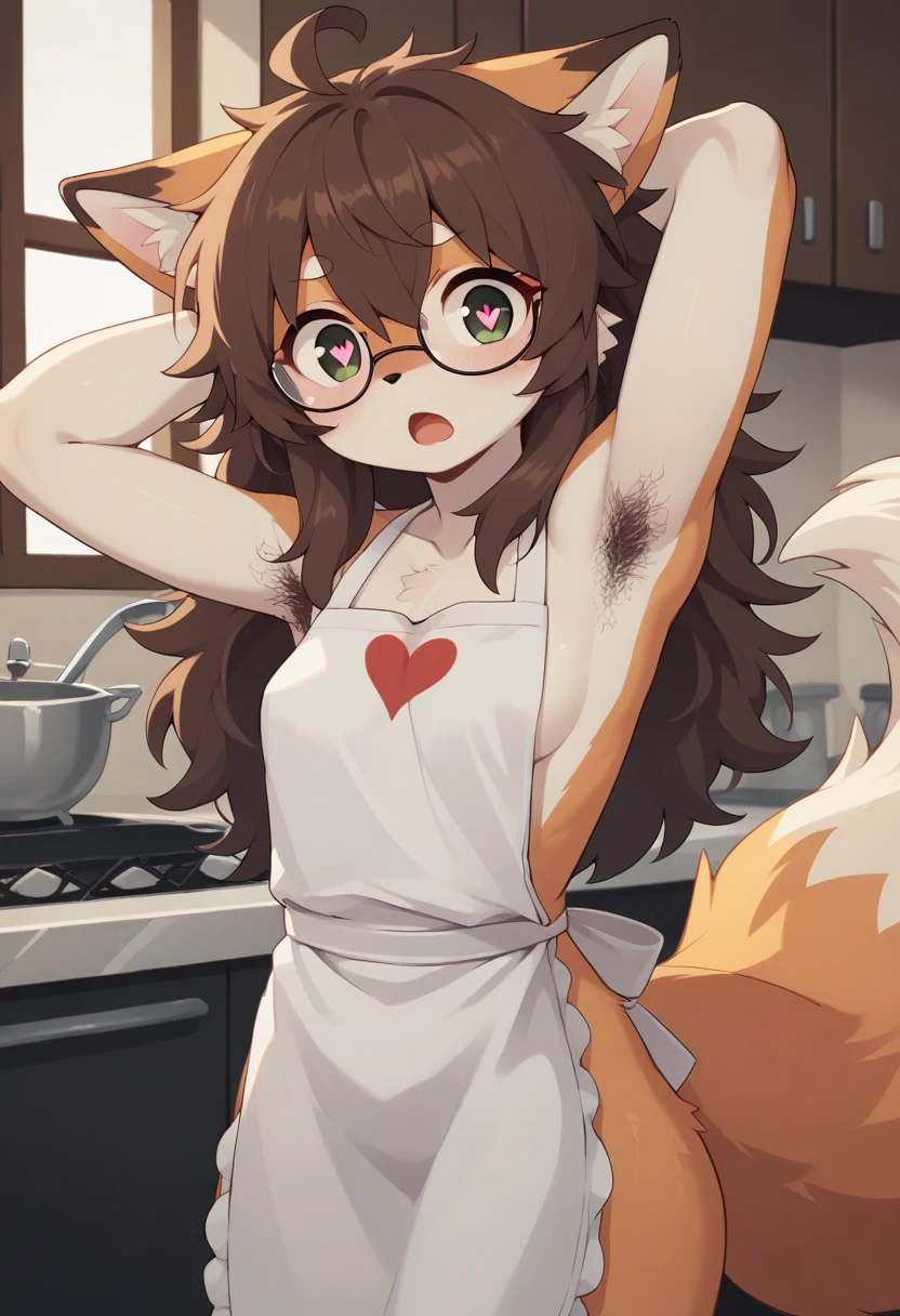 Best Quality,better resolution,(fluffy hairy antrum :1.6),(YOUNG :1.6),fox girl,long dark brown hair,wavy fur,messy hair,small breasts,White skin,white body coat,white fox tail,glasses,naked apron,Beautiful kitchen,romantic light,looking at the viewer,Surprise face,Open mouth,heart eyes,heart expression eyes,front view,armpit skin