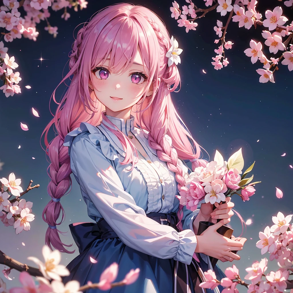 (Sky blue medium hair),(Braided hair tied together)、Pink eyes、Fair skin、(whole body)、(One Girl)、(Recruitment Suit)、Cherry Blossoms at Night、A big smile、、(masterpiece、Highest quality、Very detailed、Best Shadow)、(Detailed Background)、(Beautifully detailed face)、High contrast、(Best lighting、Very delicate and beautiful)、((Cinematic Light))、colorful、Hyper Detail、Dramatic Light、Exquisite detail、