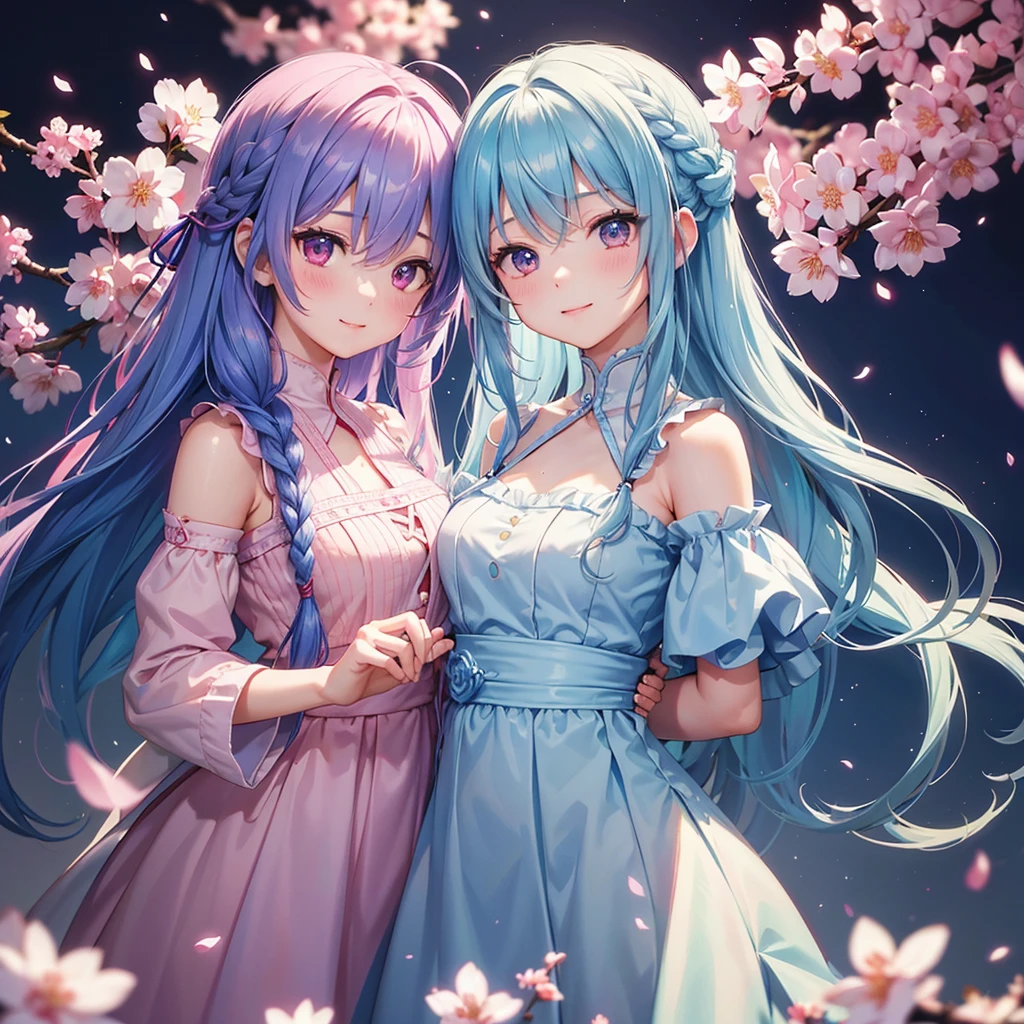 (Sky blue medium hair),(Braided hair tied together)、Pink eyes、Fair skin、(whole body)、(One Girl)、(Recruitment Suit)、Cherry Blossoms at Night、A big smile、、(masterpiece、Highest quality、Very detailed、Best Shadow)、(Detailed Background)、(Beautifully detailed face)、High contrast、(Best lighting、Very delicate and beautiful)、((Cinematic Light))、colorful、Hyper Detail、Dramatic Light、Exquisite detail、